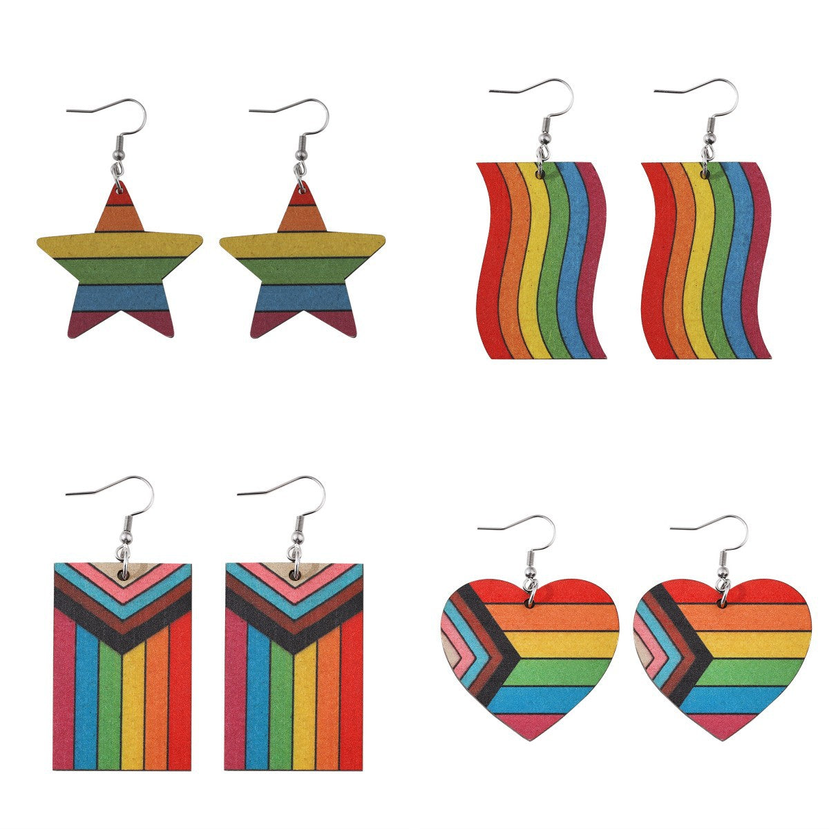 Mes de orgullo al por mayor Rainbow Gay Stars Love Flag Wood Pendientes de madera